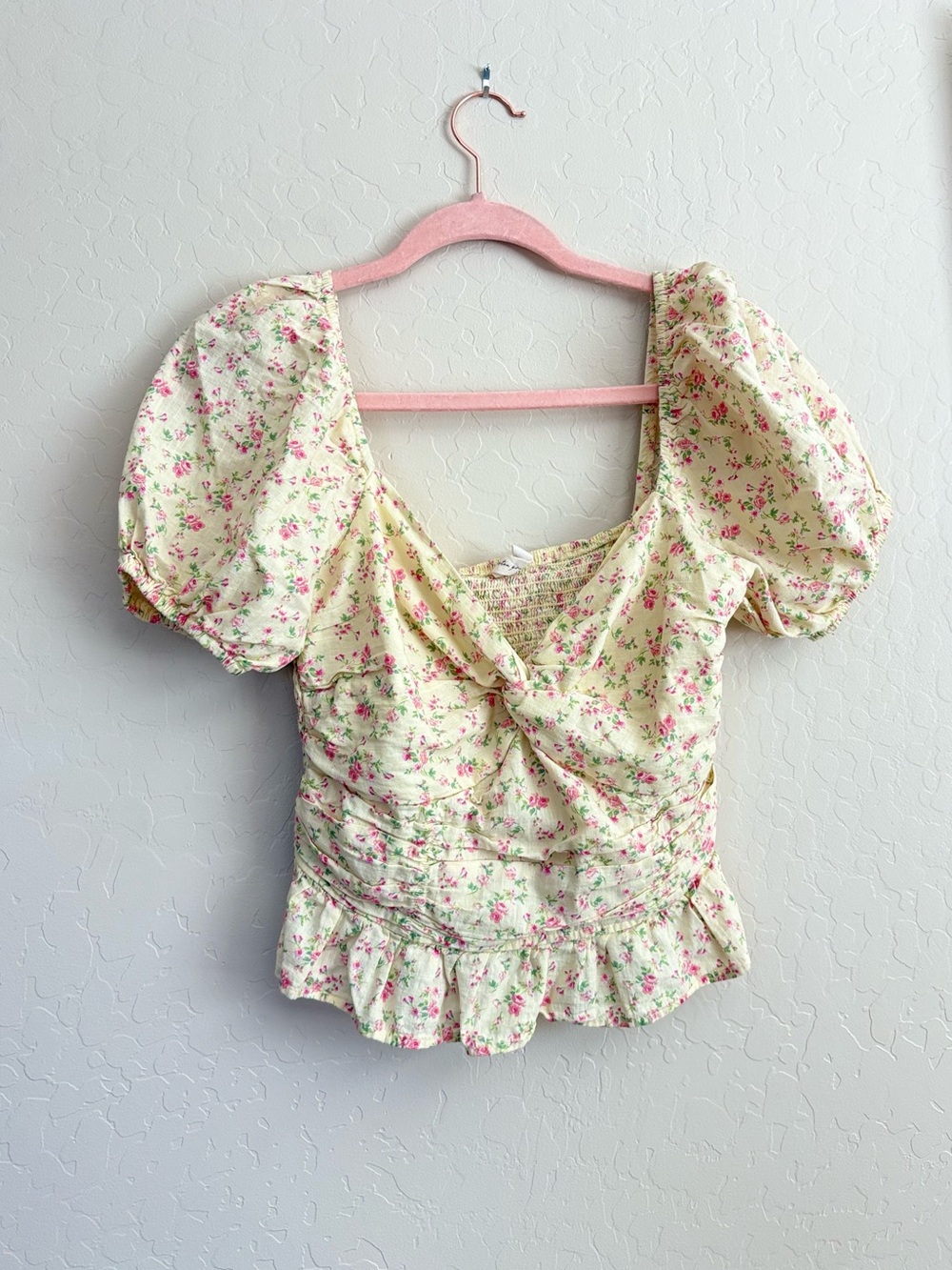 Kingston Grey Floral Puff Sleeve Smocked Milkmaid Crop Top Large Cottagecore